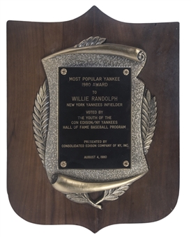 1980 Most Popular Yankee Award Presented to Willie Randolph (Randolph LOA)